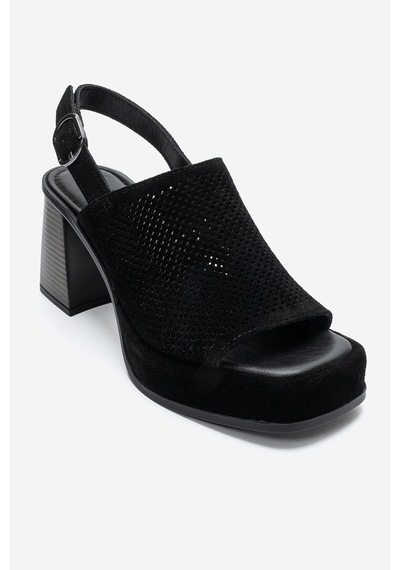Luvi Shoes Penvıa Siyah Süet Hakiki Deri Kadın Kalın Topuklu Sandalet