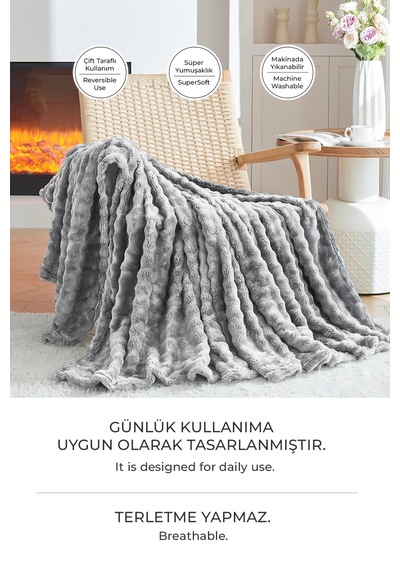Kürk Bubble Battaniye Seti Çift Kişilik Peluş Tavşan Tüyü 3 Parça Yumuşak 220x240 Cm Gri