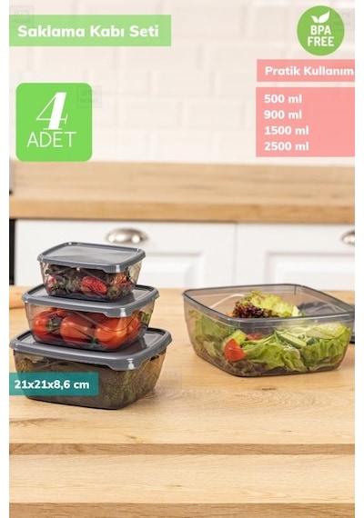 4 Lü Kare Saklama Kabı Seti Erzak Kabı Buzdolabı Kabı Büyük Boy Bpa Free Şeffaf