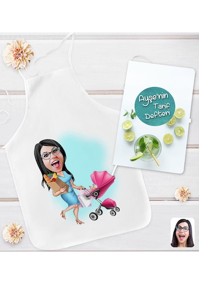 Bk Gift Kişiye Özel Karikatürlü Aşçı Anne Tasarımlı Mutfak Önlüğü Ve Yemek Tarif Defteri Hediye Seti-3, Anneye Hediye, Anneler Günü Hediyeleri