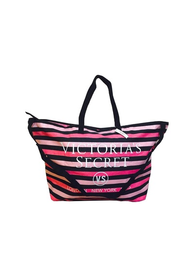 Victoria's Secret Vs Simli Siyah Pembe Çizgili Askılı Duffle Carryall Tote Siyah