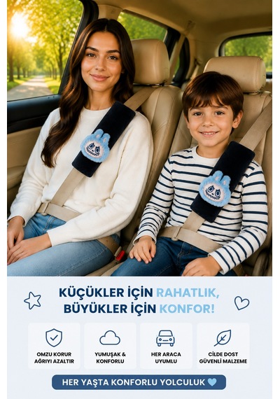 Bunny Mavi Emniyet Kemeri Aksesuarı - Emniyet Kemeri Kılıfı-araç Emniyet Kemeri Omuz Koruyucu 1 Adet
