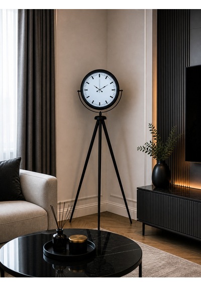 Siyah & Beyaz Saf Sade Tasarım Tripod Ayaklı Saat