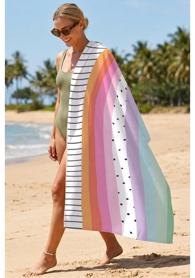 Renkli Çizgili Modern Plaj Havlusu - Pastel Geometrik Minimalist Hızlı Kuruyan Mikrofiber Havlu Çok Renkli