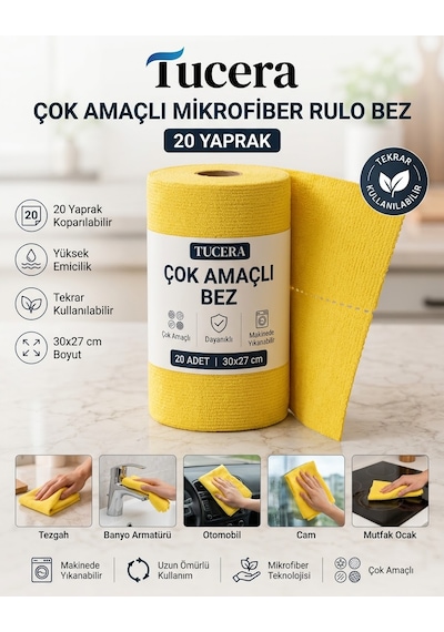Tucera 20'li Rulo Kopar Kullan Mikrofiber Temizlik Bezi - Yıkanabilir Koku Yapmaz Çok Amaçlı 30x27 Cm Sarı