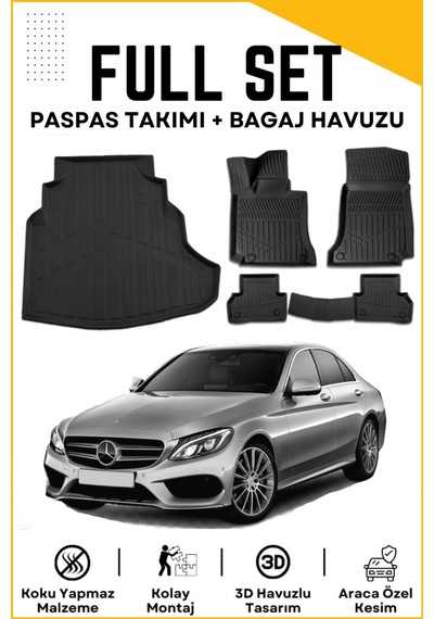Mercedes C Seri W205 Rampalı Kulaklı 2015 Model Birebir Uyumlu Bagaj Havuzu+paspas Seti