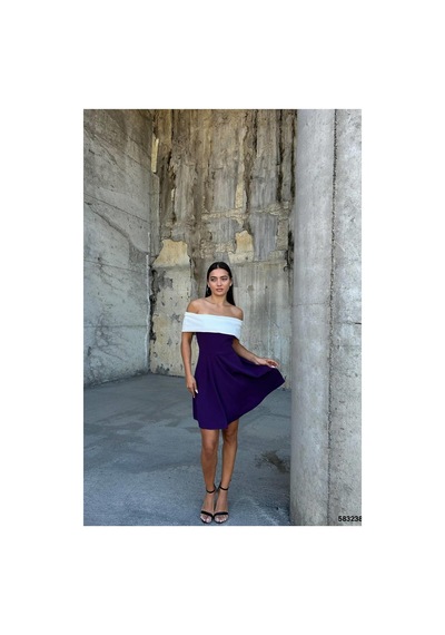 DefyModa Kadın Esnek Krep Kumaş Degaje Yaka Mini Abiye Elbise Mor