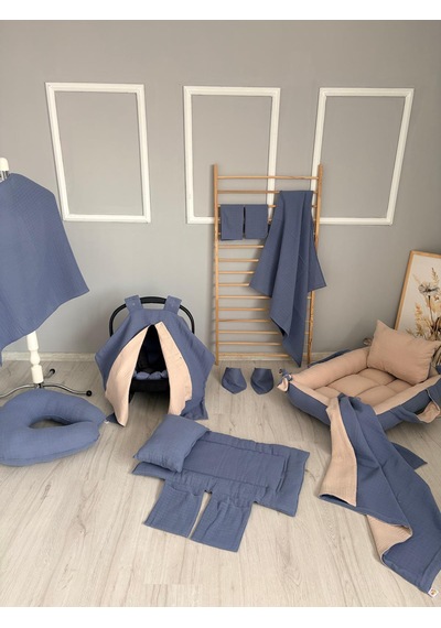 14 Parça Çift Katlı İndigo Müslin Bir Tarafı Vizon Pike Set
