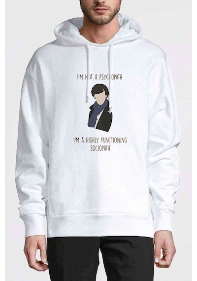 Sherlock Holmes Baskılı Beyaz Erkek Örme Kapşonlu Sweatshirt