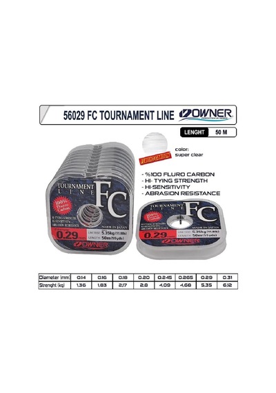 %100 Flourocarbon Misina Owner Tournament Fc 50m Super Clear 0,14mm - Standart