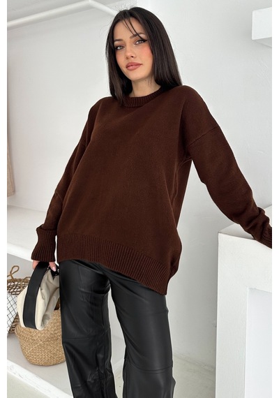 Femelle Kadın Kahverengi Standart Beden Oversize Triko Kazak - 357bnd