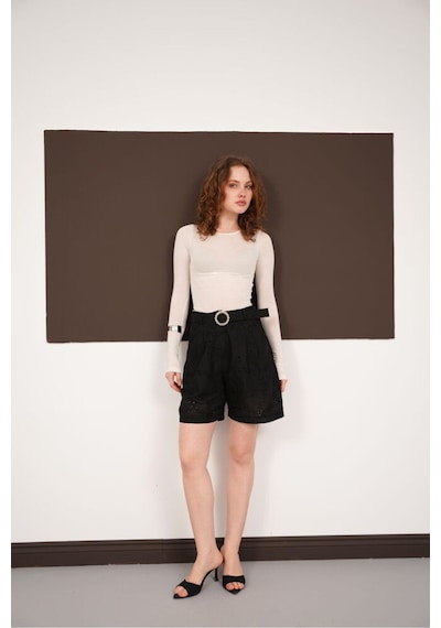 Verymoda Nakışlı Vual Şort D2821 Siyah