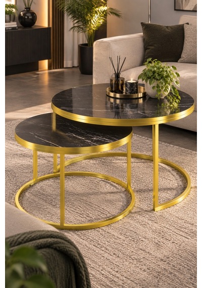 Sulorahome Gold Metal Mermer Desenli 2'li Yuvarlak Orta Sehpa Seti Siyah Ve Gold