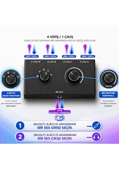 6078 Ses Kulaklık Hoparlör 4 Port Aux Switch Çoklayıcı Çevirici 3.5mm Stereo Audio Seçici