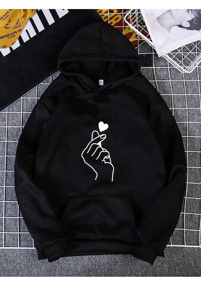 El Kalp Sweatshirt - Siyah Baskılı Oversize Kapüşonlu Siyah