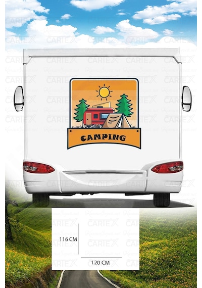 Karavan Kamp Baskı Sticker - Kamp Çadırı Sticker - Ağaç Ve Güneş Sticker - 120x116 Cm