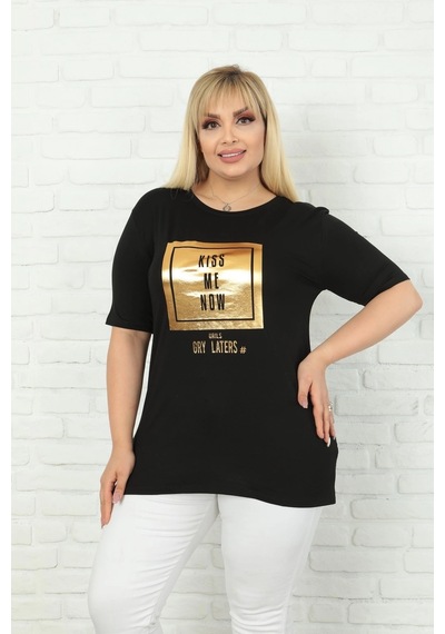 Modasehle Kadın Büyük Beden Varak Baskılı T-shirt Siyah Varak