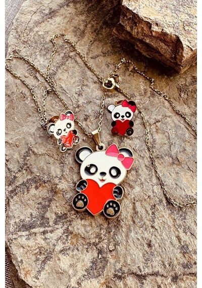 Kalpli Panda Model Mineli Gold Altın Renk Paslanmaz Çelik Kolye Küpe Set