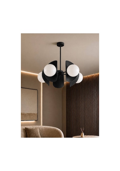 Noven 5'li Siyah Metal Beyaz Cam Küre Avize Modern Salon Sarkıt Aydınlatma Yemek Masası Aydınlatma E27 Duy Uyumlu