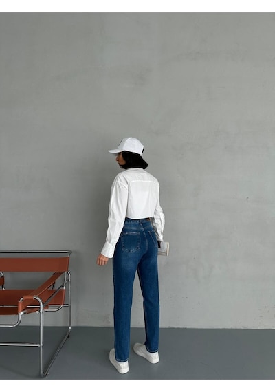 Zeo Basic Likralı Mom Jean Koyu Mavi Taşlamalı Koyu Mavi Taşlamalı