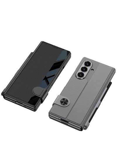 Samsung Uyumlu Galaxy Z Fold 7 Kılıf Aynalı Akıllı Şık Tasarımlı Suni Deri Mıknatıslı Katlanabilir Kapak Siyah