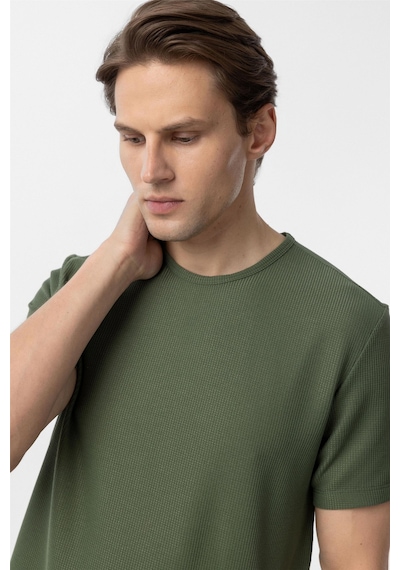Süvari Koyu Haki Slim Fit Armürlü Bisiklet Yaka Tişört-37381 Koyu Haki