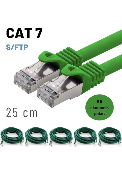 5 Adet 25 Cm Yeşil , Cat7 Kablo S/ftp Ethernet Network Lan Ağ Kablosu