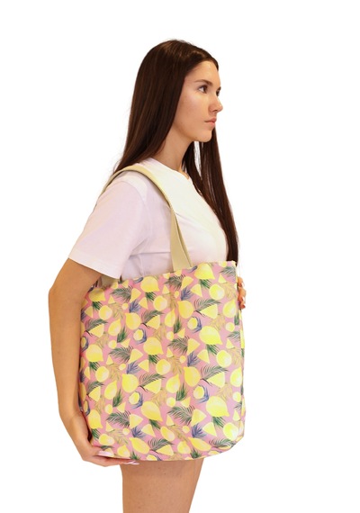 İcone Bag Kadın, Kız Plaj Çantası, Baskılı Plaj Çanta, Limon Desenli Çanta Pembe