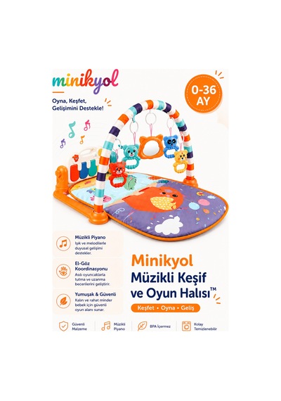 Minikyol Müzikli Keşif Halısı Piyanolu Aynalı Çıngıraklı Bebek Oyun Halısı Ve Müzikli Aktivite Merkezi 0-36 Ay Turuncu
