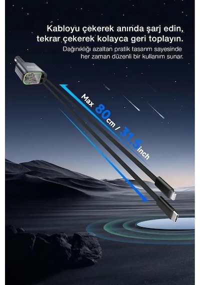 Ü 1 Arada 70w Araç Şarj Cihazı Type-c + Lightning Usb-c & Usb-a Led Atmosfer Işığı 180 70w Car Charger