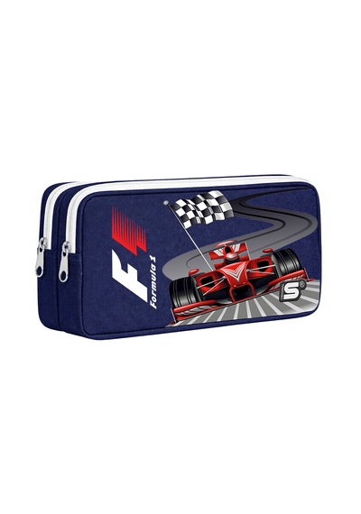 Formula Yarış Arabası Bayrak Desenli Çift Bölmeli Kalemlik Lacivert