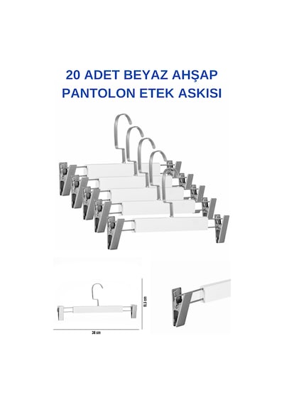 A Kalite 20 Adet Lamine Beyaz Ahşap Mandallı Pantolon Askısı Etek Beyaz