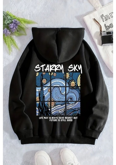 Uyguntarz Starry Sky Baskılı Unisex Oversize Sweatshirt siyah