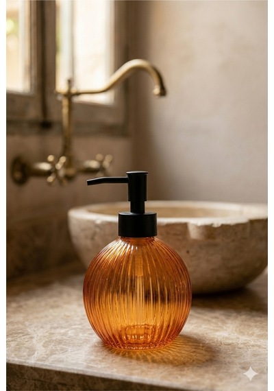 Çizgili Yuvarlak Siyah Pompalı Cam Sıvı Sabunluk - 500ml - 16x10x10 Cm Turuncu