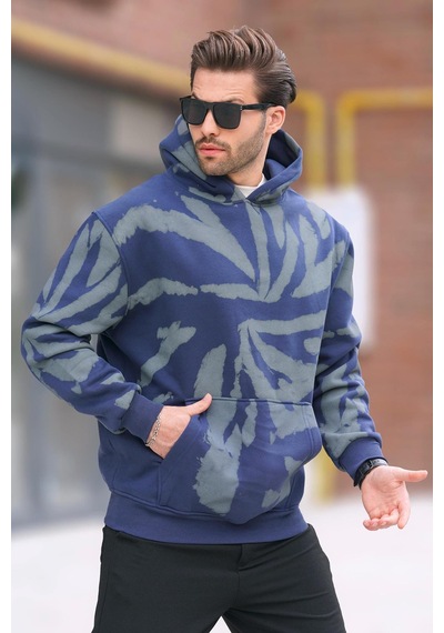 Madmext Lacivert Kapüşonlu Cep Detaylı Baskılı Erkek Sweatshirt 7087 Lacivert