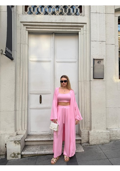 Bonacosa Kadın Viskon 3 Lü Takım Kimono + Beli Lastikli Salaş Pantolon + Crop 8 Renk Pembe Bonacosa Kadın Viskon 3 Lü Takım Kimono + Beli Lastikli Salaş Pantolon + Crop 8 Renk Pembe
