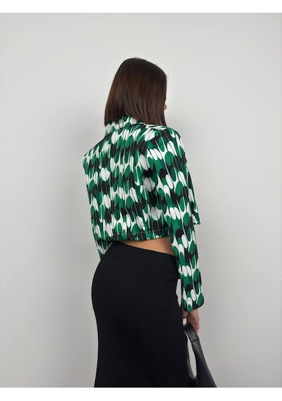 Yeni Sezon Desenli Simetrik Katlamalı Yaka Tek Düğme Crop Kadın Blazer Ceket 24s08012 Yeşil
