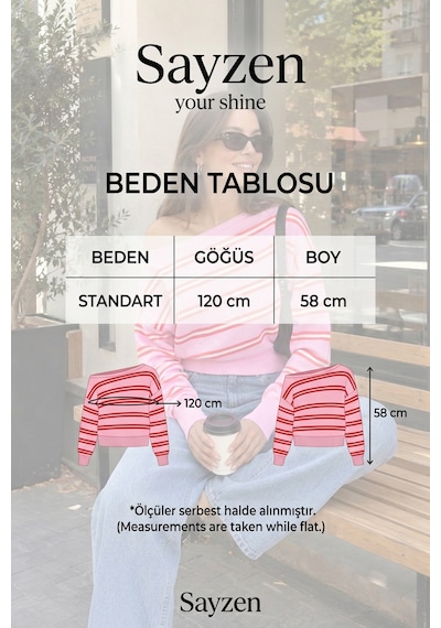 Sayzen Your Shine Trend Kayıkçı Yaka Çizgili Kadın Triko Kazak Kahverengi