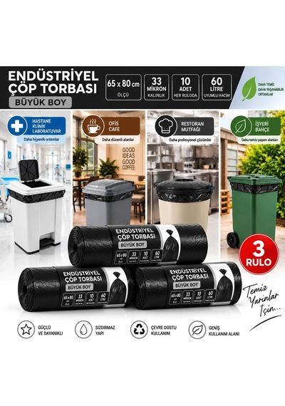 Endüstriyel Büyük Boy Çöp Torbası 65x80 Cm, Her Ruloda 10 Adet, Siyah-3rulo