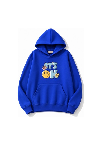 Herkesemoda İt's Ok Baskılı Kapüşonlu 2 İplik Şardonlu Sweatshirt Mavi