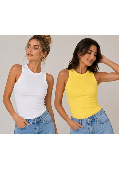 Feyece Kadın Sarı Beyaz Halter Yaka 2'li Crop Bluz Beyaz - Sarı