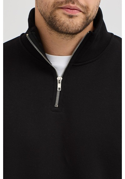 Polostate Unisex Regular Fit Rahat Kesim Pamuklu Içi Polarlı Yarım Fermuarlı Siyah Dik Yaka Sweatshirt Siyah