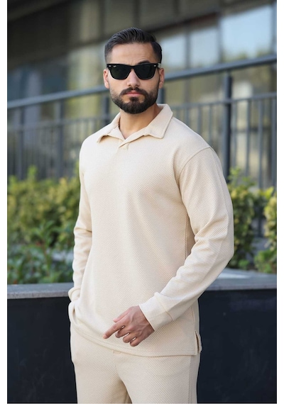 Mfz Giyim Petekli Alt Üst Pantolon Ve Patlı Yakalı Erkrk Sweat Takımı Bej