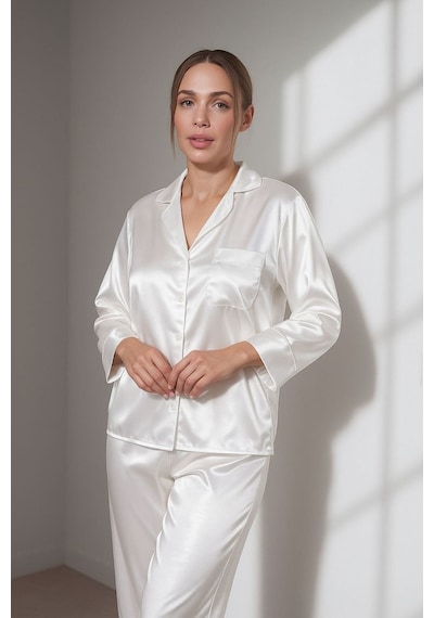 Gizotti Beyaz Saten İkili Pijama Takımı S Beyaz