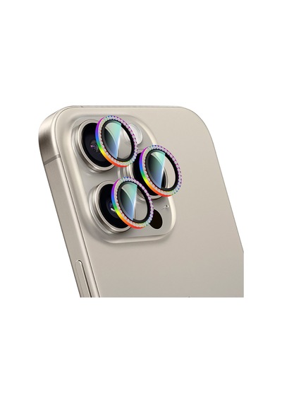 Apple Uyumlu iPhone 15 Pro Caseworld Alloy Sparkling Diamond Serisi Taşlı Lens Koruyucu Colorful