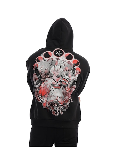Polostate Erkek Kitsune Anime Girl Baskılı 3 İplik Kapüşonlu Sweat Siyah
