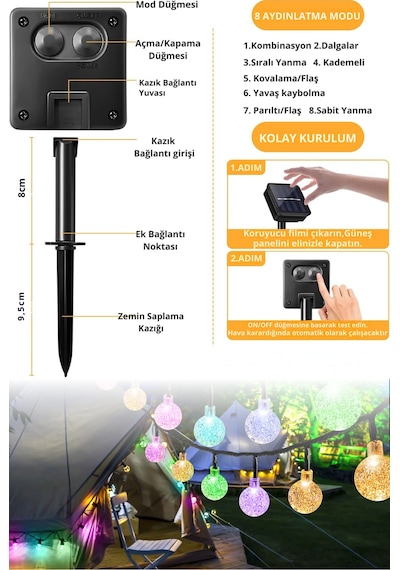 Technosmart 30 Ledli 8 Modlu Solar Kristal Top Rgb Işık Bahçe Aydınlatma Dekorasyon Güneş Enerji
