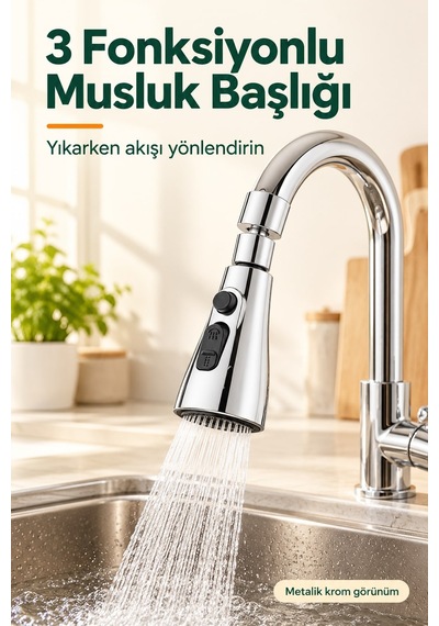 3 Fonksiyonlu Musluk Başlığı Mutfak Lavabo Uyumlu