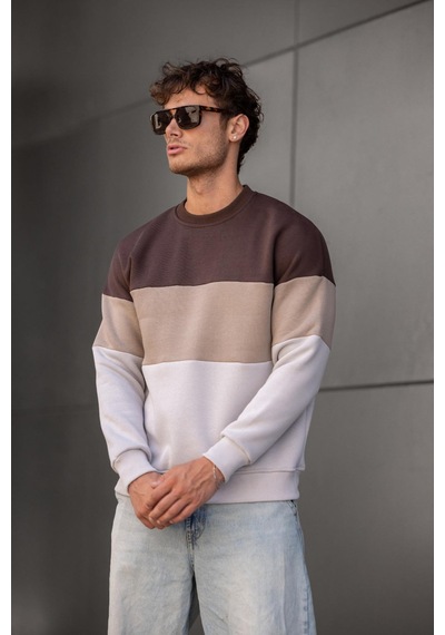 Trc 3244 Üç İplik Pamuklu Parçalı Bisiklet Yaka Erkek Sweatshirt 001