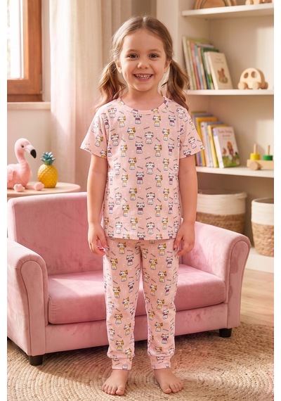 Öts Kız Çocuk Pamuklu Pijama Takımı Kısa Kol Uzun Alt Desenli Geniş Ve Rahat Kesim 474003 Renkli-3 Öts Kız Çocuk Pamuklu Pijama Takımı Kısa Kol Uzun Alt Desenli Geniş Ve Rahat Kesim 474003 Renkli-3